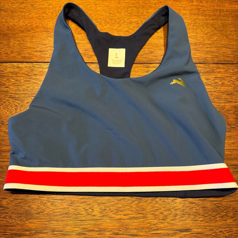 Tracksmith Blue Sports Bra with Red and White Stripe